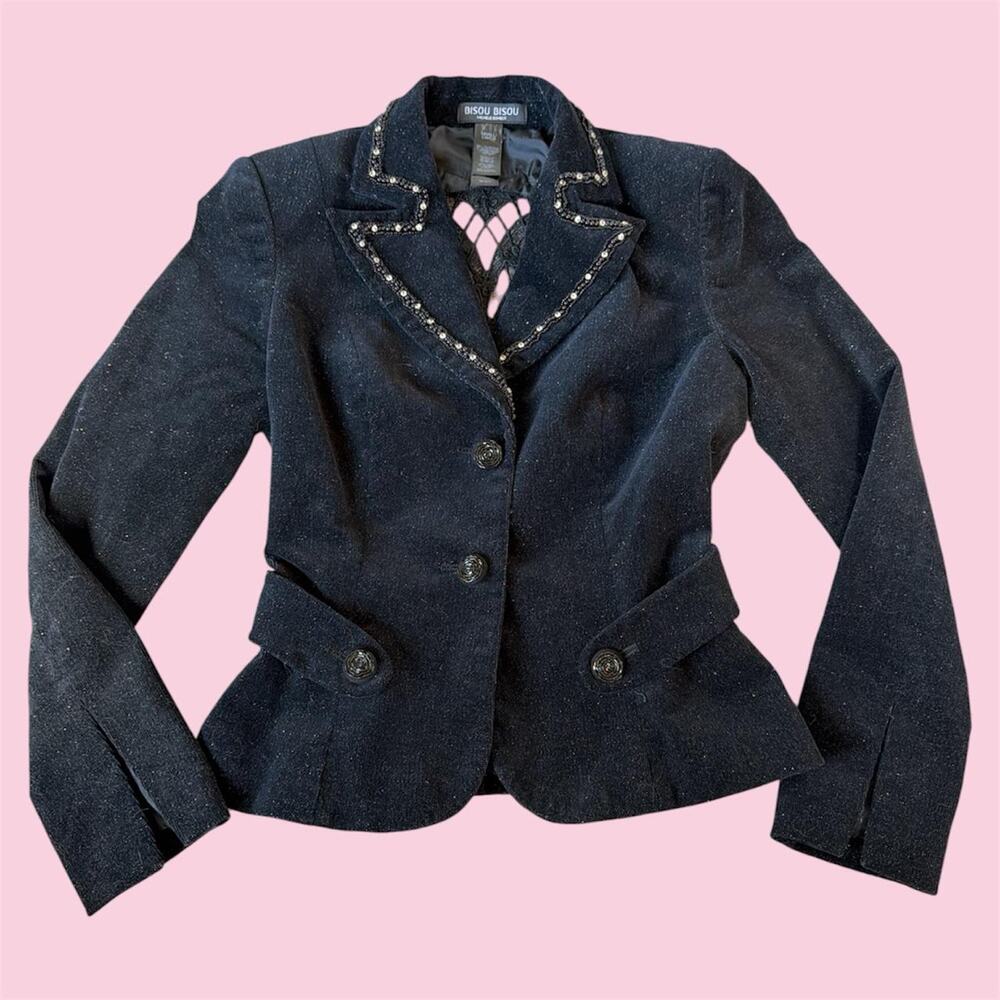 Bisou Bisou sparkly black blazer with beads and sequins and lace back, size S